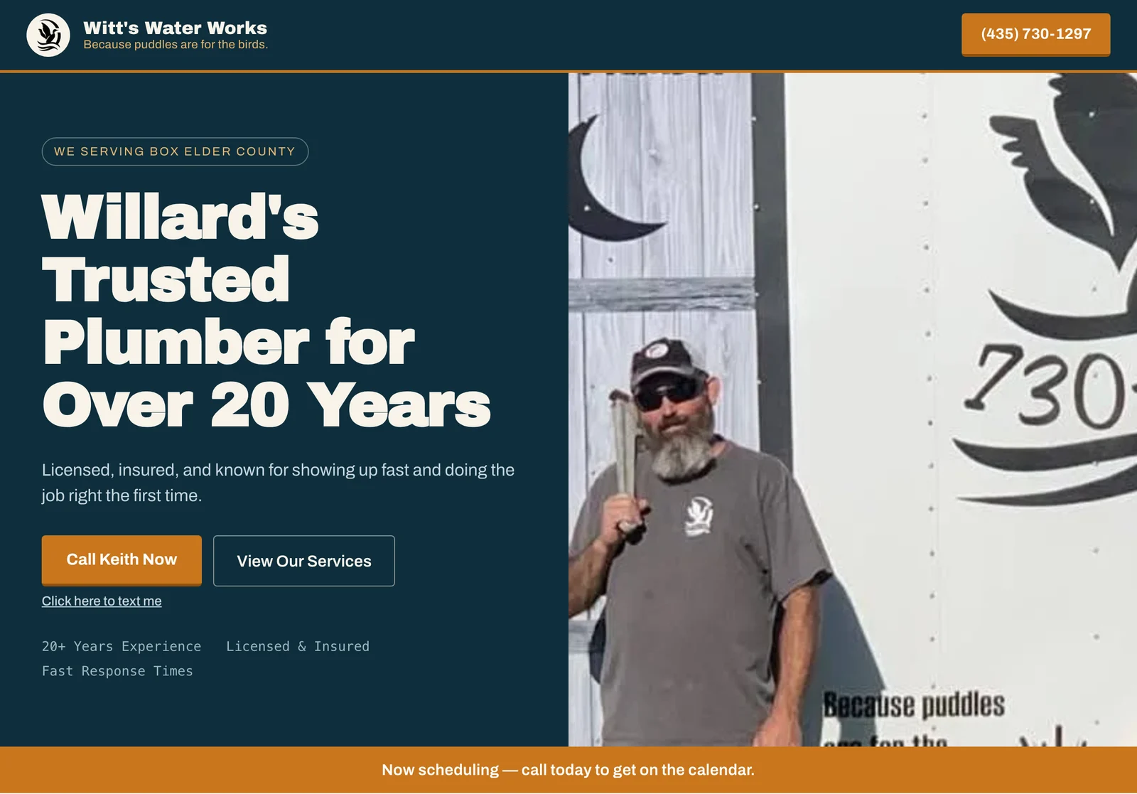 Screenshot of the Witt's Water Works website homepage, showing the hero section with a photo of owner Keith Witt
